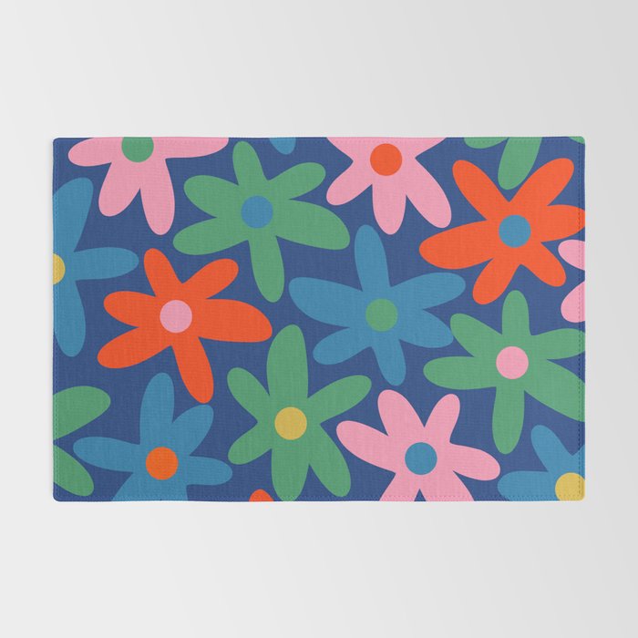 Daisy Time Colorful Retro Floral Pattern on Blue Rug Gallery Image 2