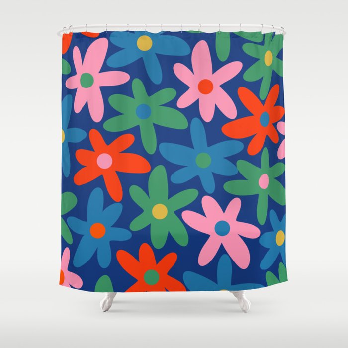 Daisy Time Colorful Retro Floral Pattern on Blue Shower Curtain Gallery Image 1