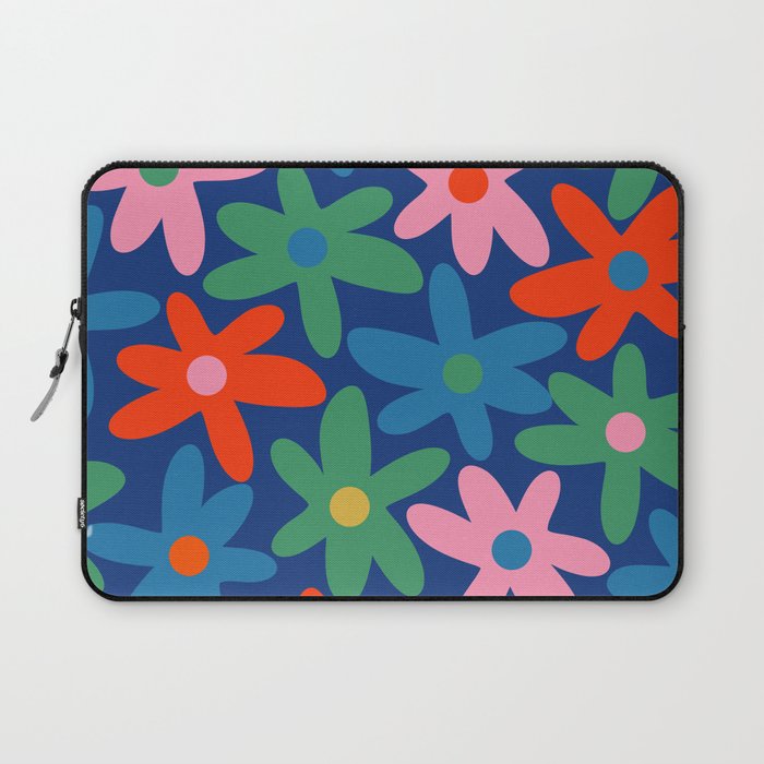 Daisy Time Colorful Retro Floral Pattern on Blue Laptop Sleeve Gallery Image 1