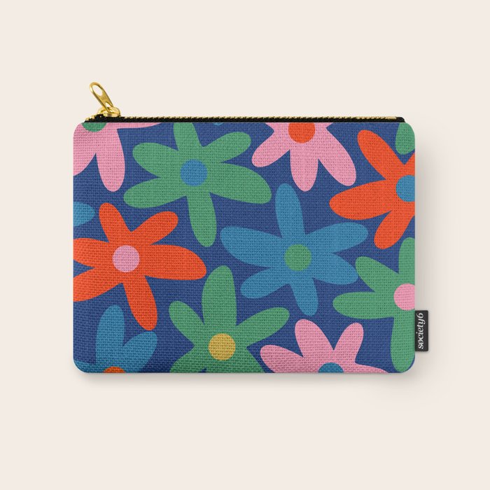 Daisy Time Colorful Retro Floral Pattern on Blue Carry All Pouch Gallery Image 1