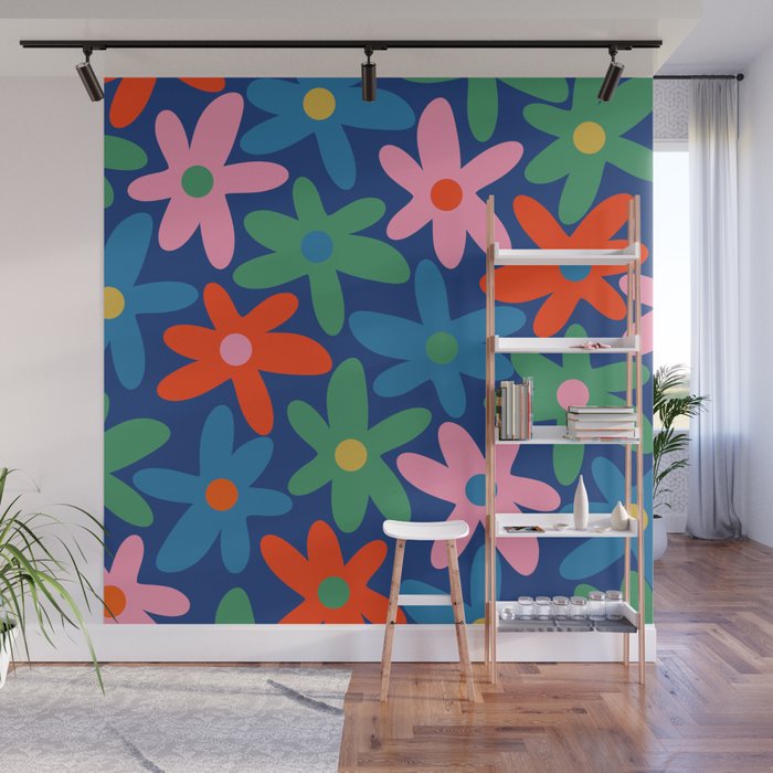 Daisy Time Colorful Retro Floral Pattern on Blue Wall Mural Gallery Image 1