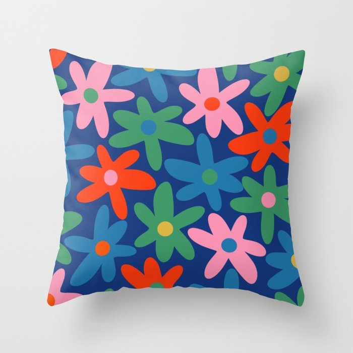Daisy Time Colorful Retro Floral Pattern on Blue Throw Pillow Gallery Image 6