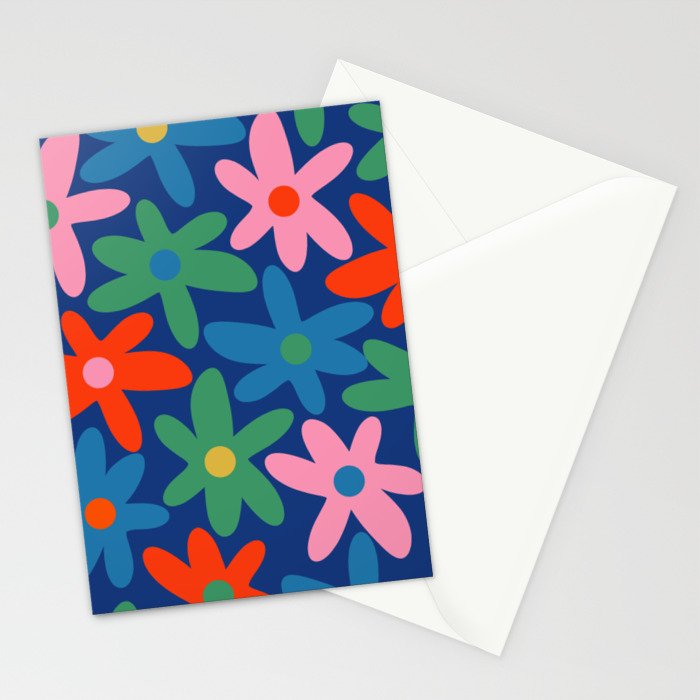 Daisy Time Colorful Retro Floral Pattern on Blue Stationery Card Gallery Image 2
