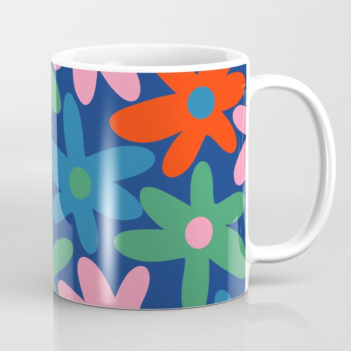 Daisy Time Colorful Retro Floral Pattern on Blue Coffee Mug Gallery Image 1