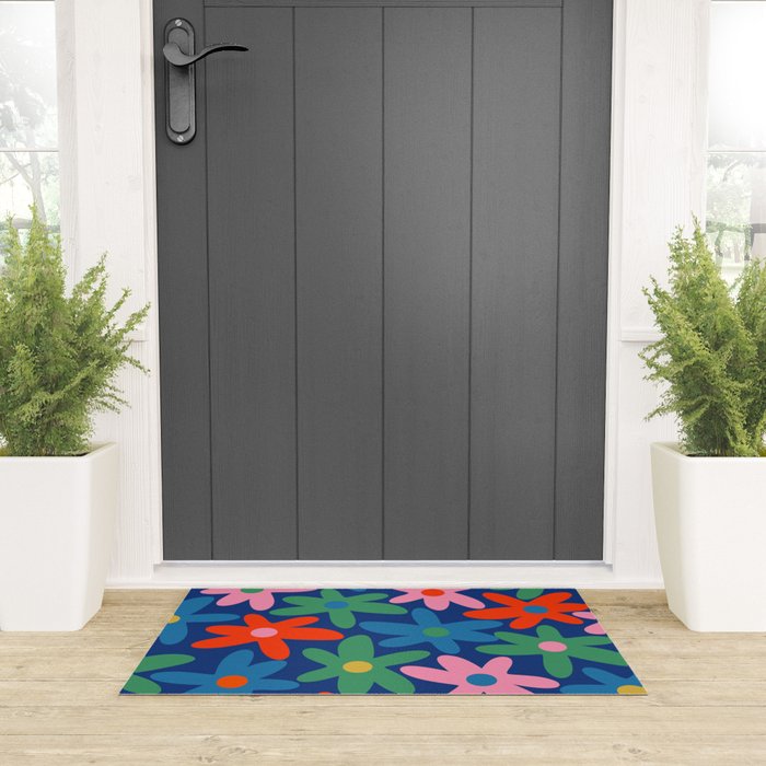 Daisy Time Colorful Retro Floral Pattern on Blue Welcome Mat Gallery Image 3