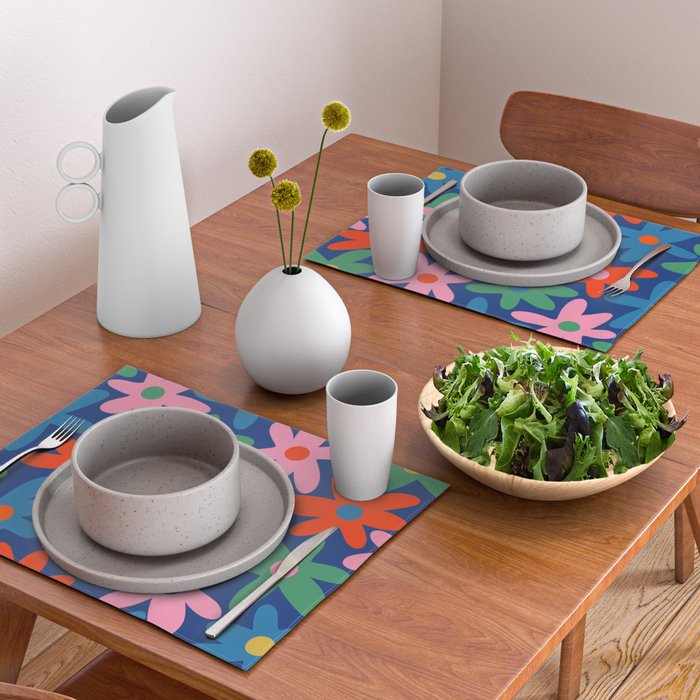 Daisy Time Colorful Retro Floral Pattern on Blue Placemat Gallery Image 2