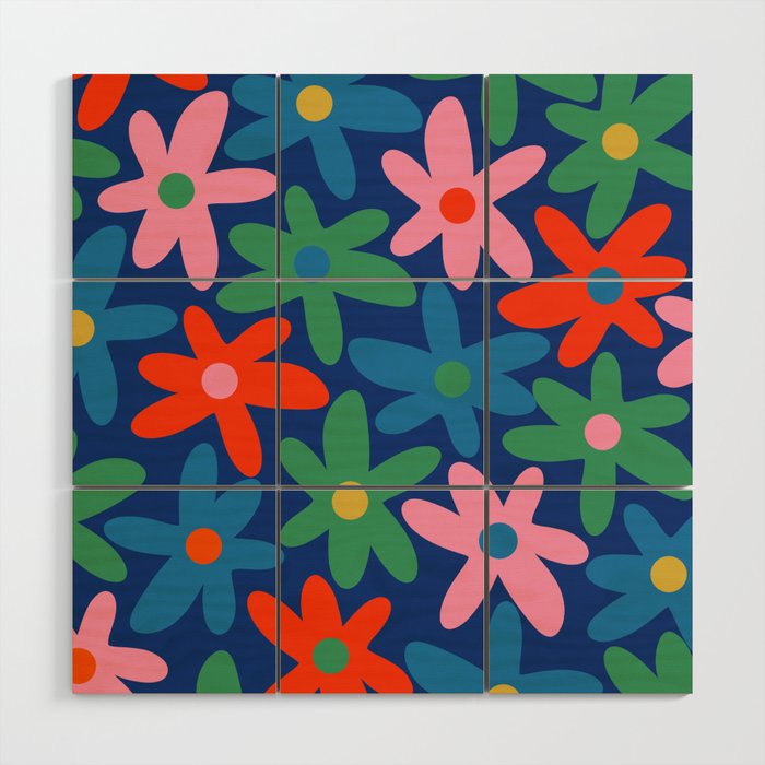 Daisy Time Colorful Retro Floral Pattern on Blue Wood Wall Art Gallery Image 1
