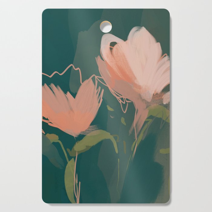 Pink Pastel Flowers On Green Canvas. Cutting Board Gallery Image 1