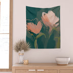 Pink Pastel Flowers On Green Canvas. Wall Tapestry Gallery Image 2