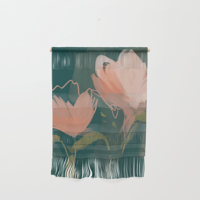 Pink Pastel Flowers On Green Canvas. Wall Hanging Gallery Image 1