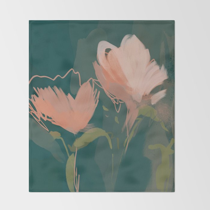 Pink Pastel Flowers On Green Canvas. Throw Blanket Gallery Image 2