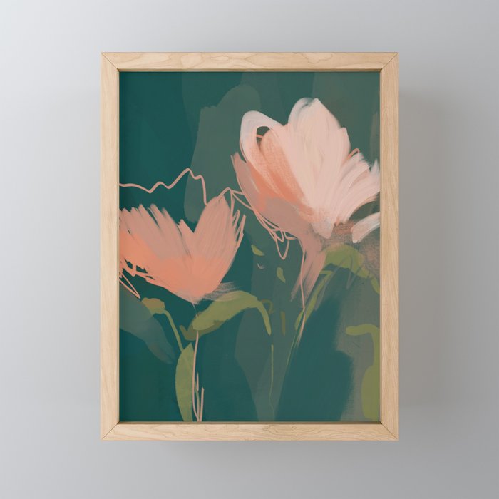 Pink Pastel Flowers On Green Canvas. Mini Art Print Gallery Image 1