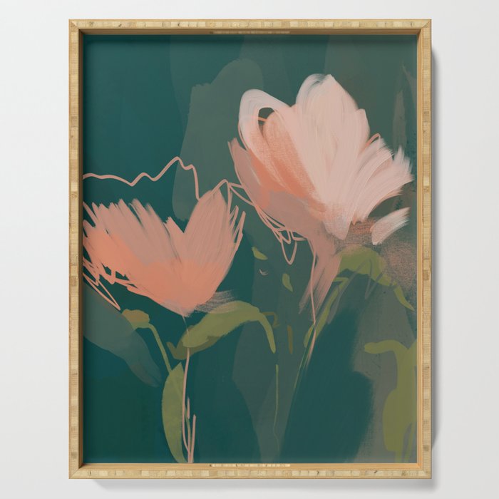 Pink Pastel Flowers On Green Canvas. Serving Tray Gallery Image 1