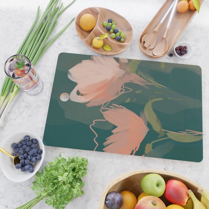 Pink Pastel Flowers On Green Canvas. Cutting Board Gallery Image 2