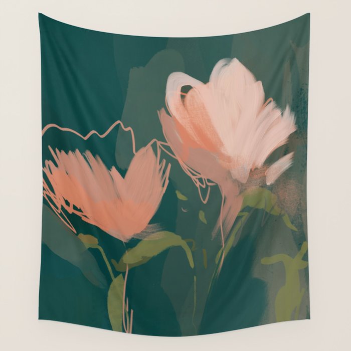 Pink Pastel Flowers On Green Canvas. Wall Tapestry Gallery Image 4