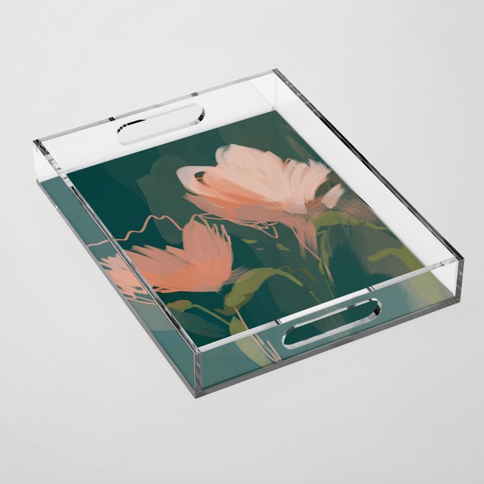 Pink Pastel Flowers On Green Canvas. Acrylic Tray Gallery Image 1