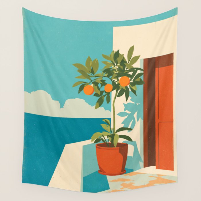 Mediterranean Balcony Orange Tree Wall Tapestry Gallery Image 1