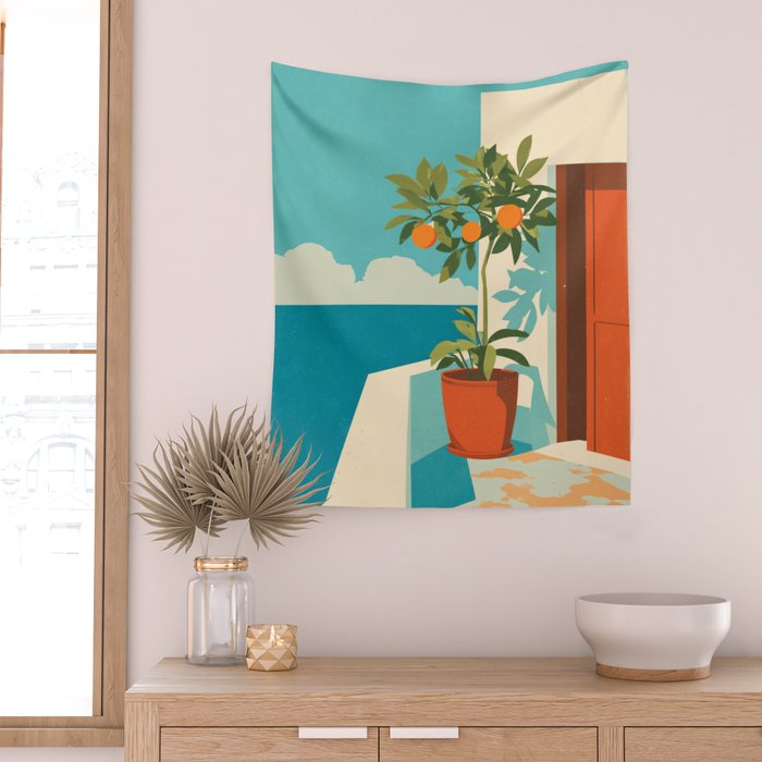 Mediterranean Balcony Orange Tree Wall Tapestry Gallery Image 2
