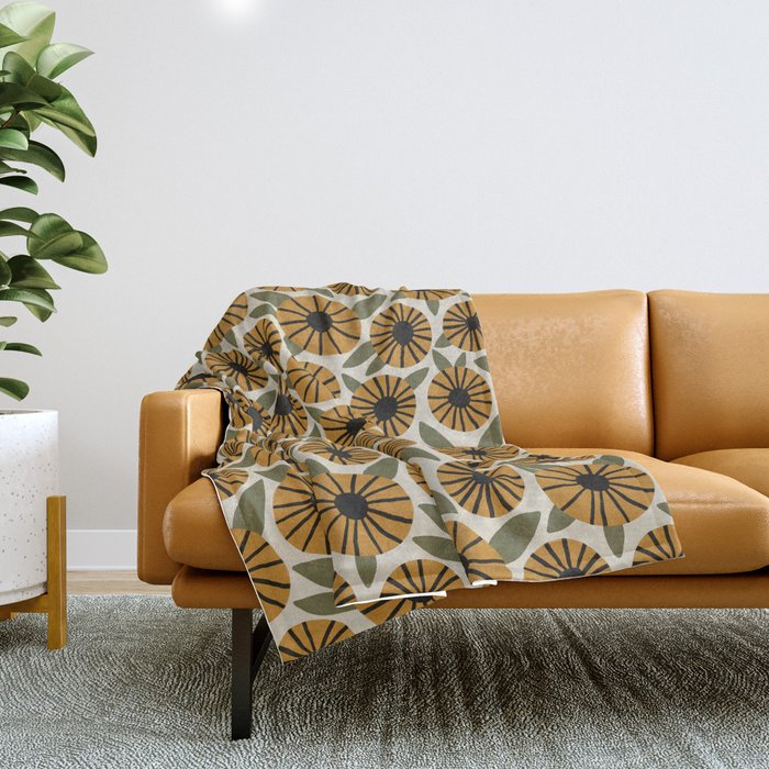 Floral Pattern / Turmeric Yellow & Green Throw Blanket Gallery Image 1