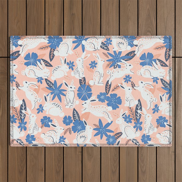 Bunnies & Blooms - Blue & Blush Palette Outdoor Rug Gallery Image 1