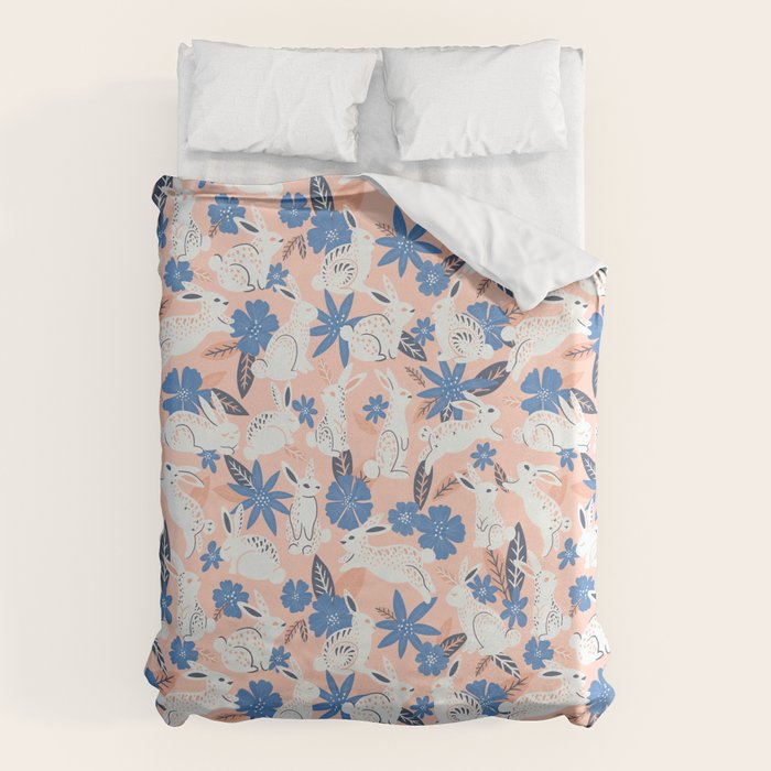 Bunnies & Blooms - Blue & Blush Palette Duvet Cover Gallery Image 6