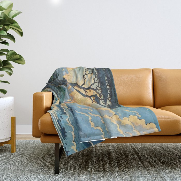 Arriving at Hneho Coast - A Contemporary Ukiyo-e Nature Landscape Throw Blanket Gallery Image 1