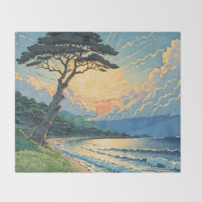 Arriving at Hneho Coast - A Contemporary Ukiyo-e Nature Landscape Throw Blanket Gallery Image 2