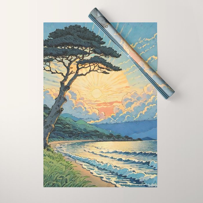 Arriving at Hneho Coast - A Contemporary Ukiyo-e Nature Landscape Wrapping Paper Gallery Image 1