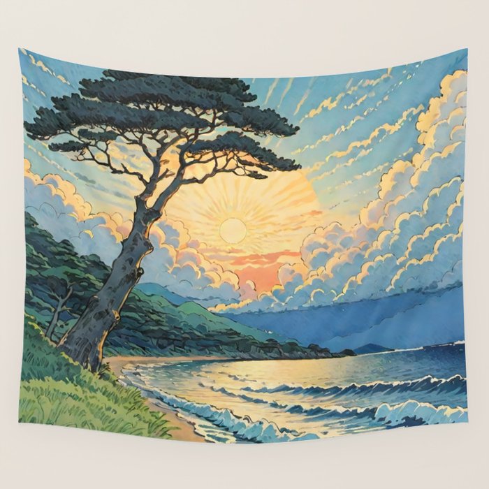 Arriving at Hneho Coast - A Contemporary Ukiyo-e Nature Landscape Wall Tapestry Gallery Image 1