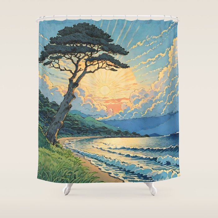 Arriving at Hneho Coast - A Contemporary Ukiyo-e Nature Landscape Shower Curtain Gallery Image 1