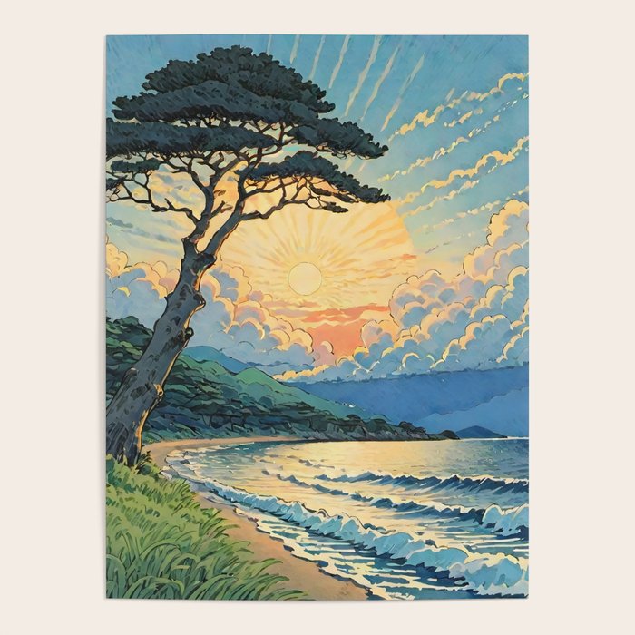 Arriving at Hneho Coast - A Contemporary Ukiyo-e Nature Landscape Poster Gallery Image 1