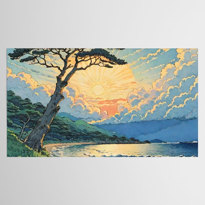 Arriving at Hneho Coast - A Contemporary Ukiyo-e Nature Landscape Tablecloth Gallery Image 2