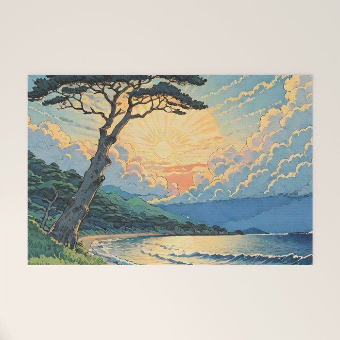 Arriving at Hneho Coast - A Contemporary Ukiyo-e Nature Landscape Welcome Mat Gallery Image 1