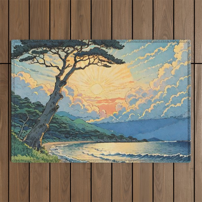 Arriving at Hneho Coast - A Contemporary Ukiyo-e Nature Landscape Outdoor Rug Gallery Image 1