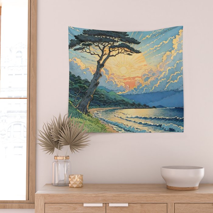 Arriving at Hneho Coast - A Contemporary Ukiyo-e Nature Landscape Wall Tapestry Gallery Image 2