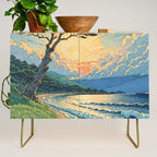 Arriving at Hneho Coast - A Contemporary Ukiyo-e Nature Landscape Credenza Gallery Image 1