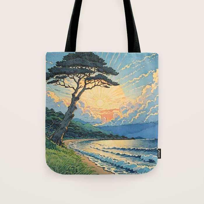 Arriving at Hneho Coast - A Contemporary Ukiyo-e Nature Landscape Tote Bag Gallery Image 1