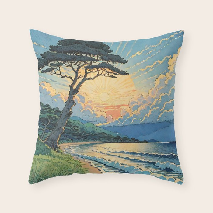 Arriving at Hneho Coast - A Contemporary Ukiyo-e Nature Landscape Throw Pillow Gallery Image 6