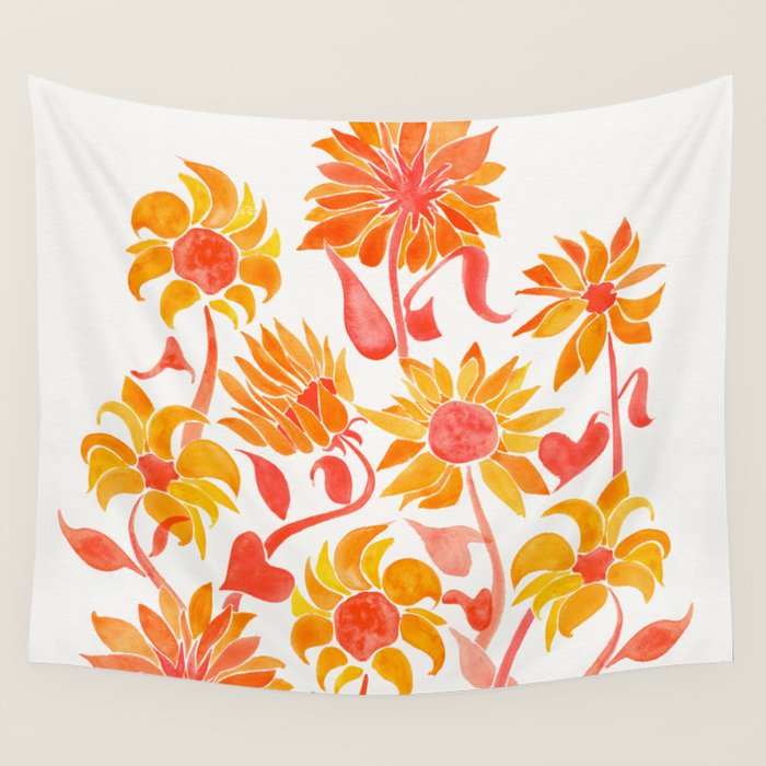 Sunflower Watercolor - Fiery Palette Wall Tapestry Gallery Image 4