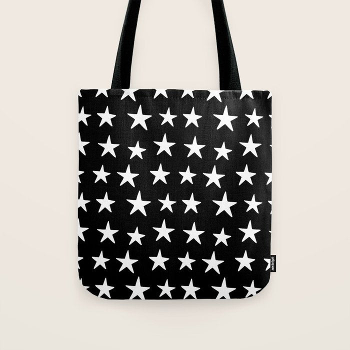 Star Pattern White On Black Tote Bag Gallery Image 1