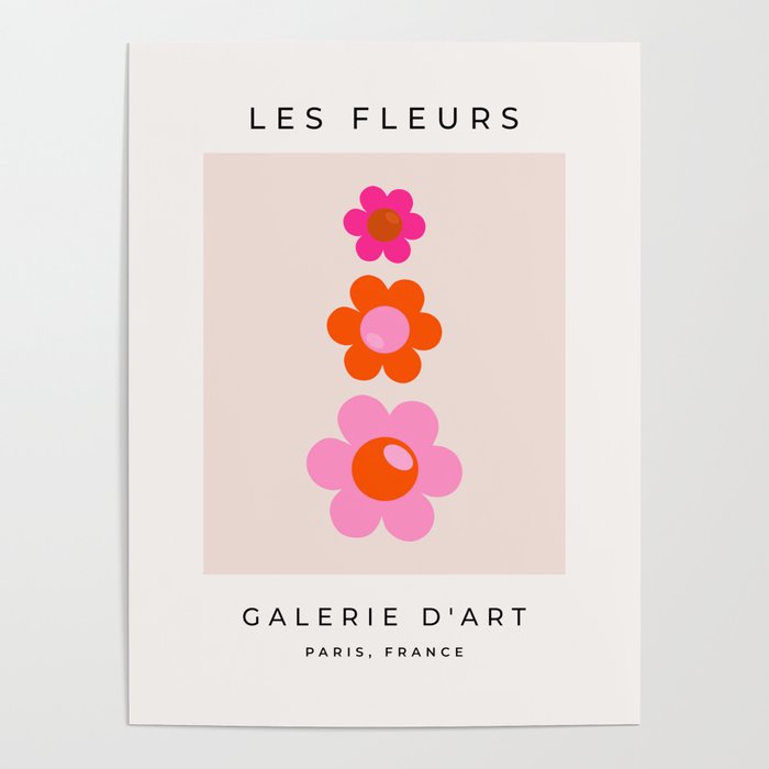 Les Fleurs | 01 - Abstract Retro Floral, Pink And Orange Print Preppy Flowers Poster Gallery Image 1