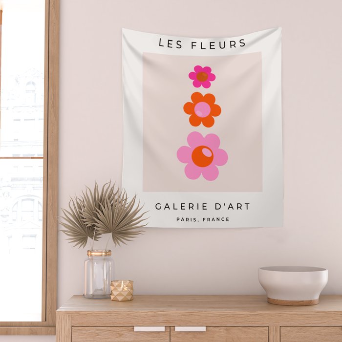 Les Fleurs | 01 - Abstract Retro Floral, Pink And Orange Print Preppy Flowers Wall Tapestry Gallery Image 2