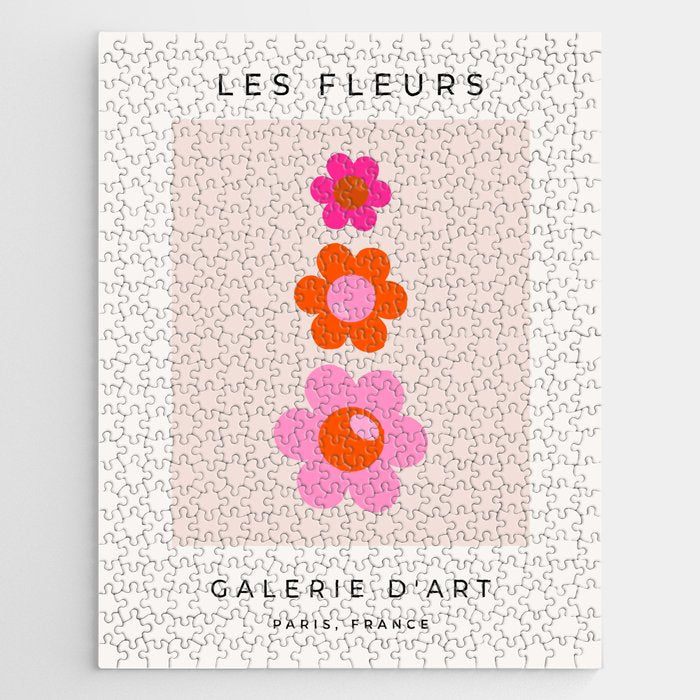 Les Fleurs | 01 - Abstract Retro Floral, Pink And Orange Print Preppy Flowers Jigsaw Puzzle Gallery Image 1