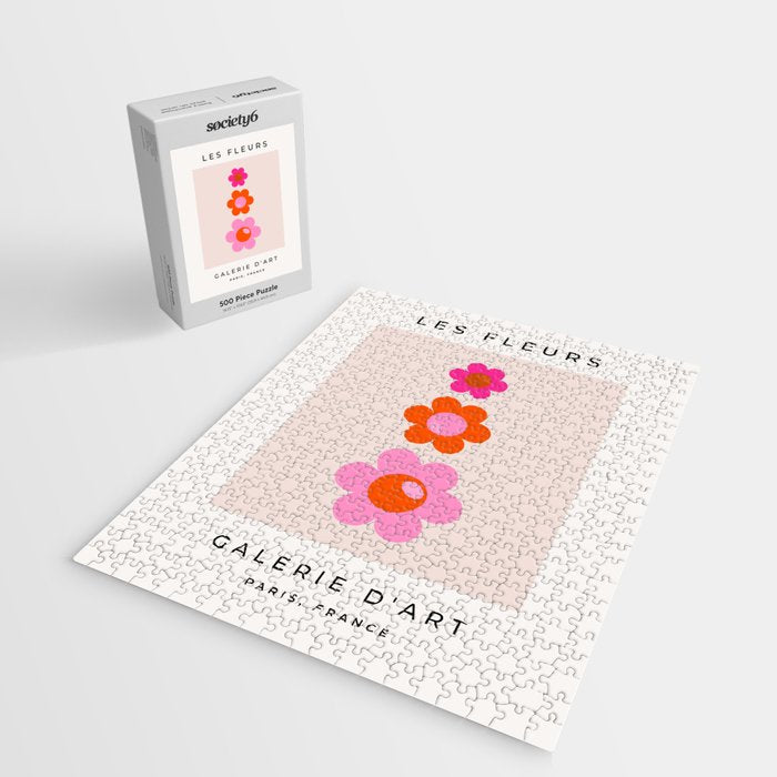 Les Fleurs | 01 - Abstract Retro Floral, Pink And Orange Print Preppy Flowers Jigsaw Puzzle Gallery Image 2