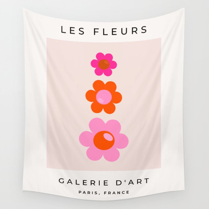 Les Fleurs | 01 - Abstract Retro Floral, Pink And Orange Print Preppy Flowers Wall Tapestry Gallery Image 4