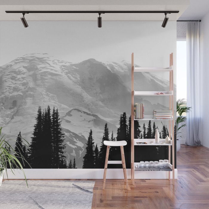Mount Rainier Black and White Wall Mural Gallery Image 1