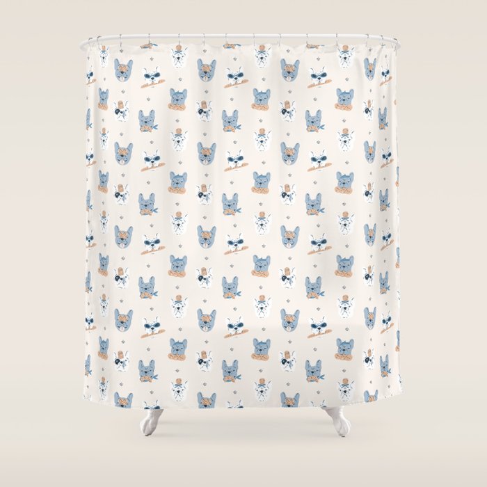 French Bulldogs with Pastries in Blue Shower Curtain Gallery Image 1