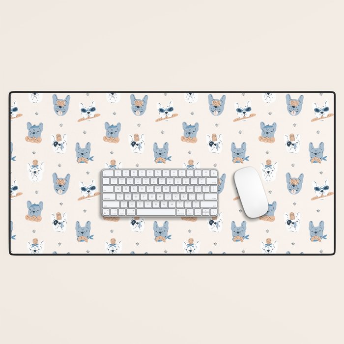 French Bulldogs with Pastries in Blue Desk Mat Gallery Image 1