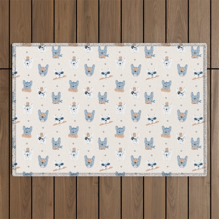 French Bulldogs with Pastries in Blue Outdoor Rug Gallery Image 1