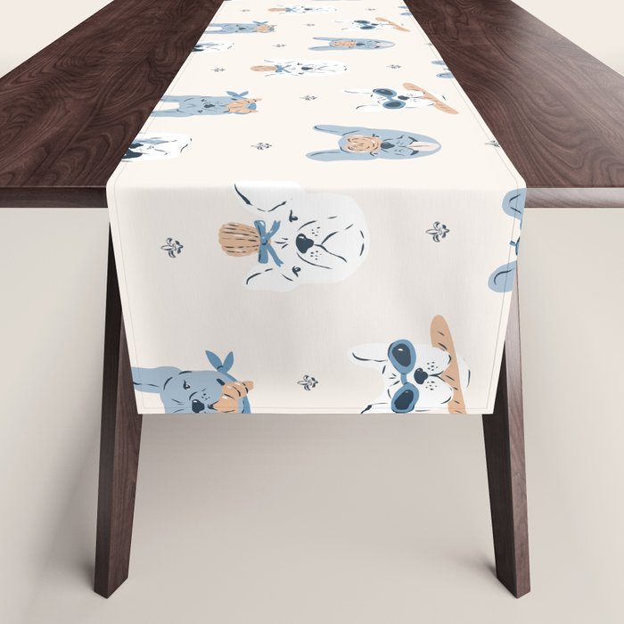 French Bulldogs with Pastries in Blue Table Runner Gallery Image 1